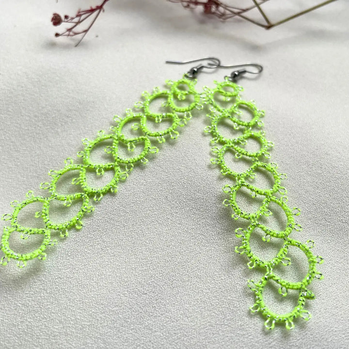 Handmade Tatting Green Ladder Pattern Cotton Metallic Earrings