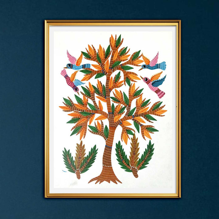 11 x 15 Inch | Birds Around Tree | Original Hand painted Tribal Gond Art Painting | Acrylic Paints On Paper