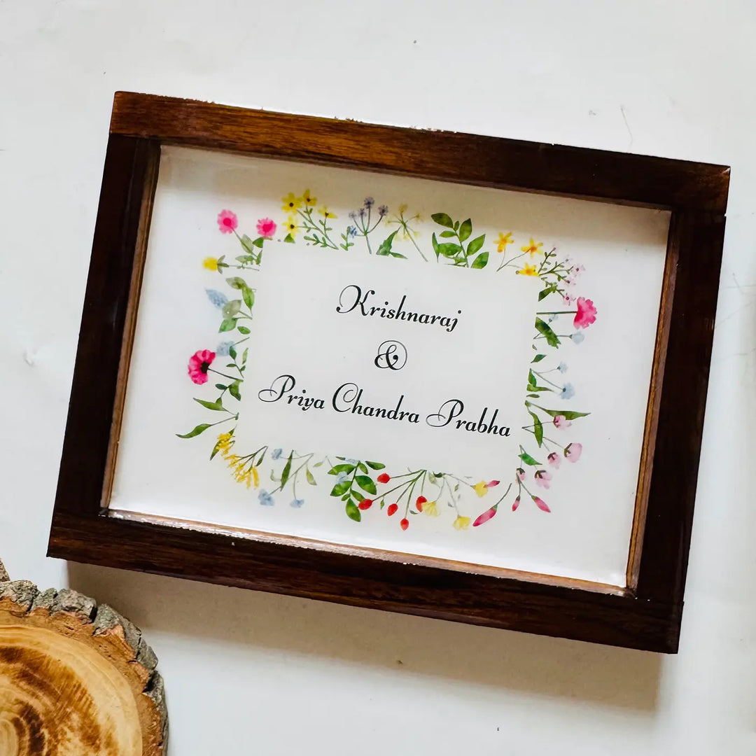 Personalized Floral Theme Minimalist Resin Name Plate With Teak Wood Frame