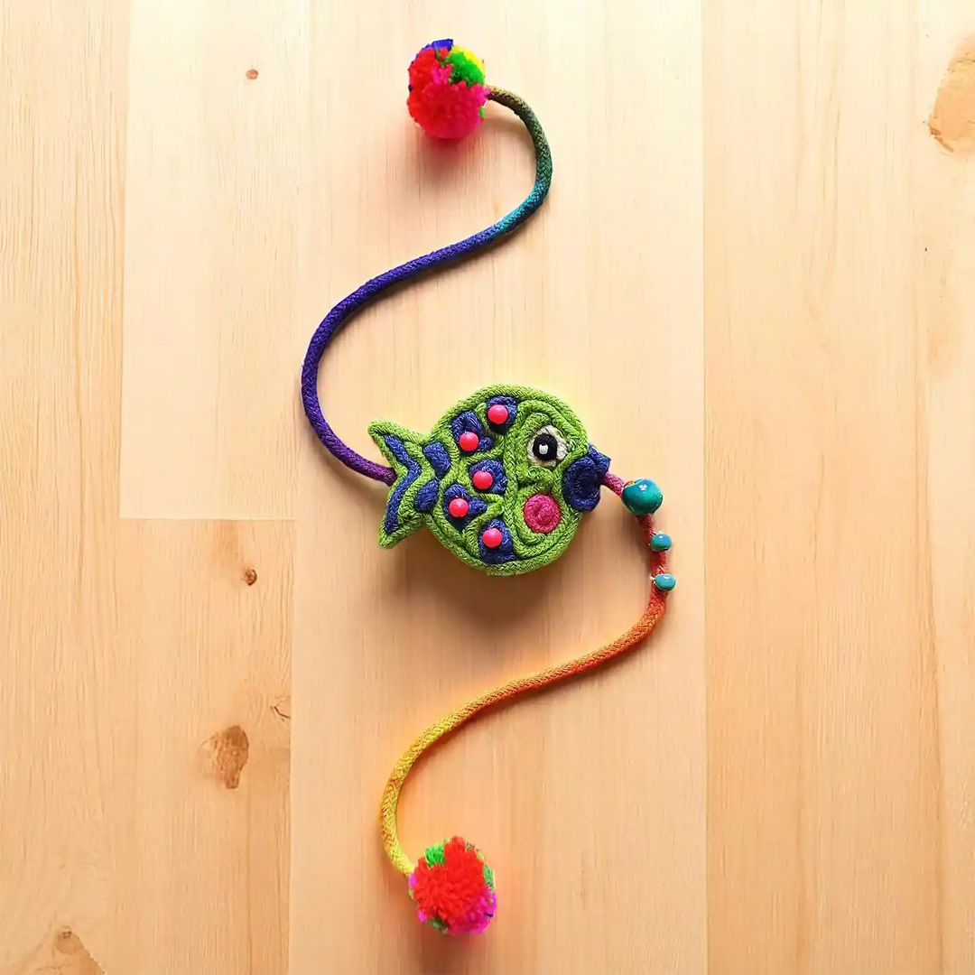Handmade Dori Work Beaded Cute Fish Kids Rakhi With Roli Chawal - Full Product Length View