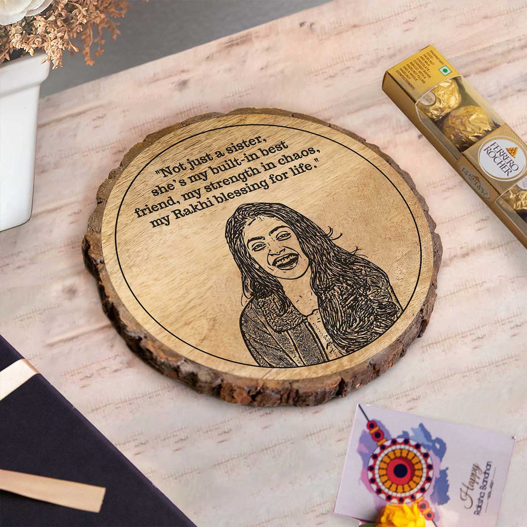 Photo Personalized Engraved Sis Theme Wooden Decorative Plaque Rakhi Hamper | Includes 1 Plaque, 1 Chocolate & 1 Card