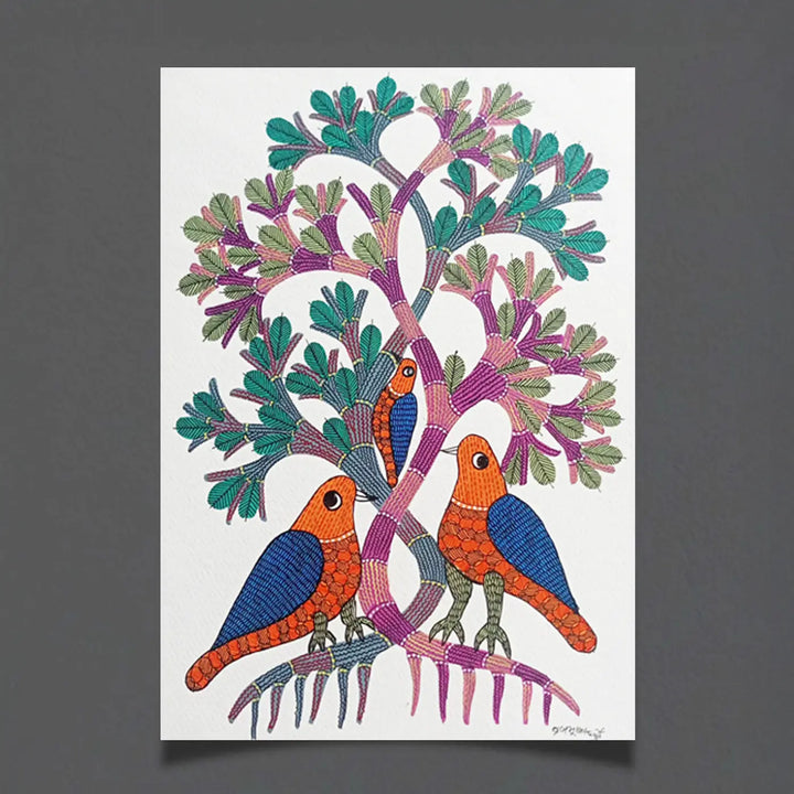 11 x 16 Inch | 3 Birds on Tree | Original Hand Painted Tribal Gond Art Painting | Acrylic Paint On Paper
