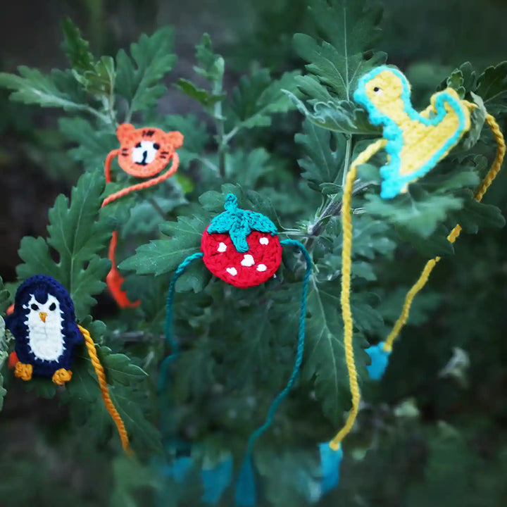 Handmade Crochet Dino Tiger Strawberry And Penguin Kids Rakhi With Roli Chawal Set Of 4 - Outdoor Natural Setting Arrangement