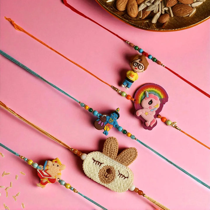 Handmade Unicorn, Bunny, Boy, Ganesh & Krishna Rakhi With Roli Chawal | Set Of 5