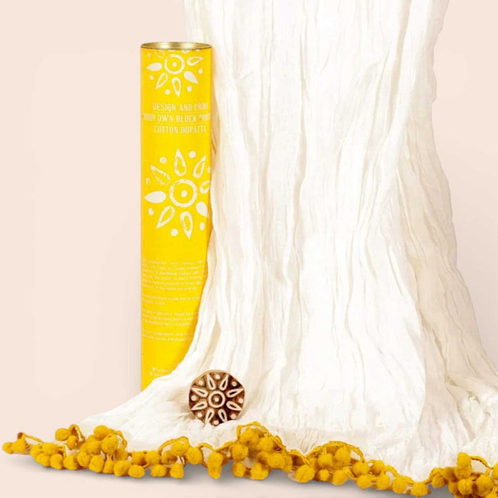 Yellow Floral Dupatta Block Print DIY Kit | Includes 1 White cotton dupatta, 1 Fabric paint, 1 Wooden block And 1 Sponge