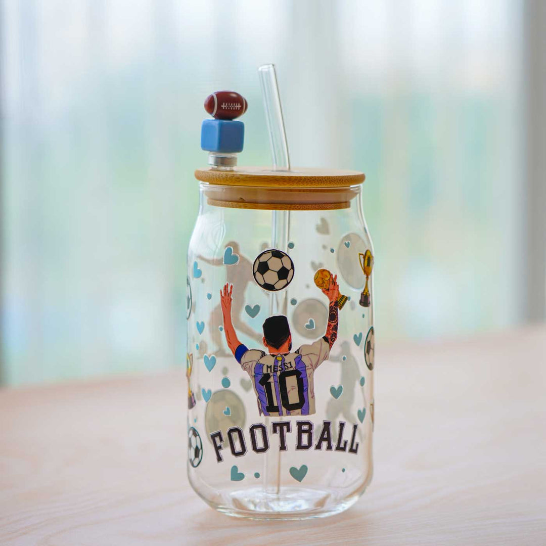 Cute Printed "Messi" Theme Glass Tumbler With Straw For Kids