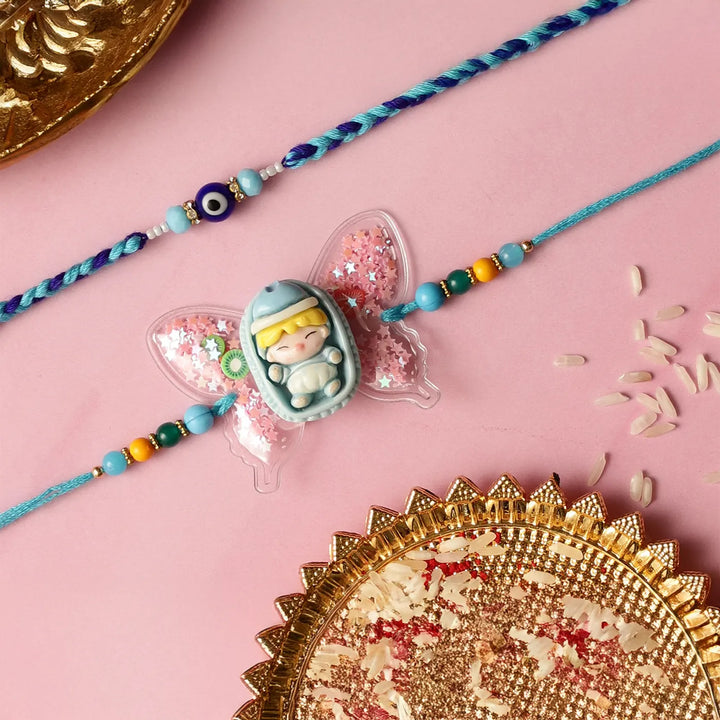 Handmade Butterfly & Evil Eye Kids Rakhi With Roli Chawal | Set Of 2