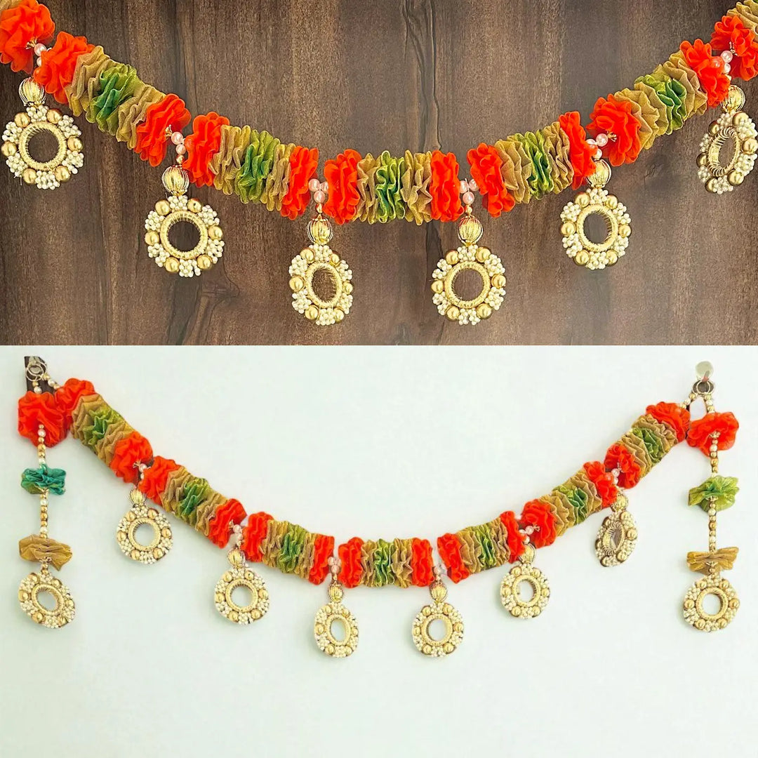 Handmade Orange & Green Tissue Flower Toran With Side Hangings