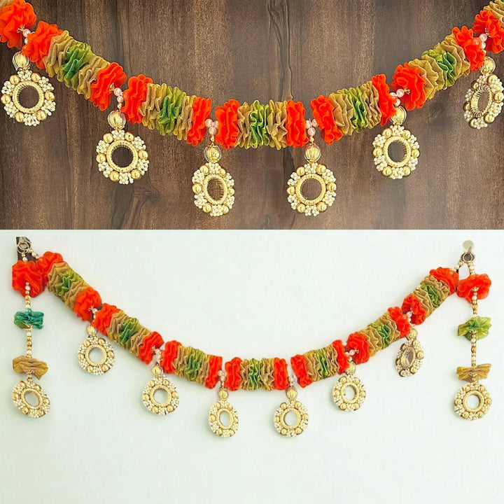 Handmade Orange & Green Tissue Flower Toran With Side Hangings