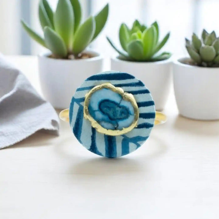 Blue Cotton Fabric Coated MDF Napkin Rings With Agate Accent | Set of 6