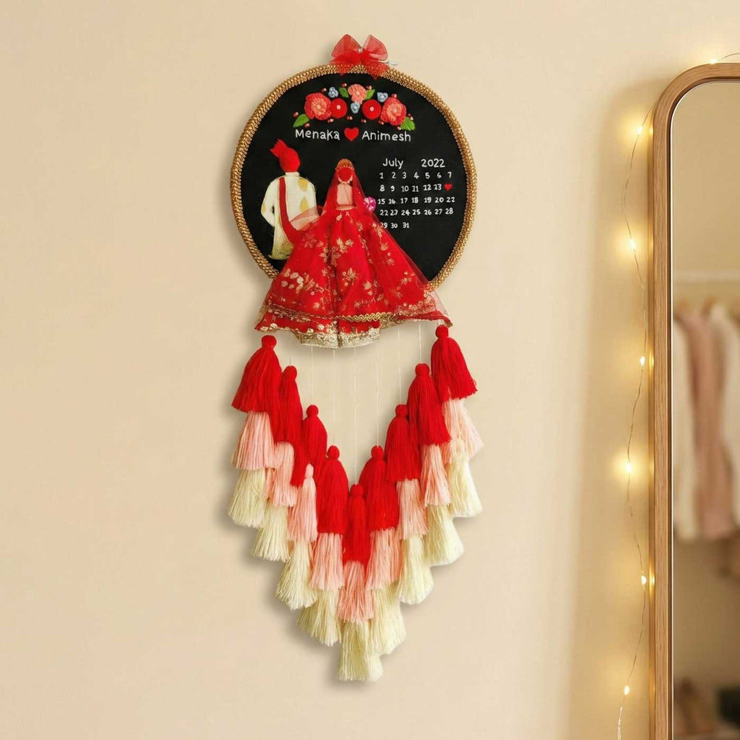 Personalized Embroidered Black & Red Wedding Plaque With Tassels