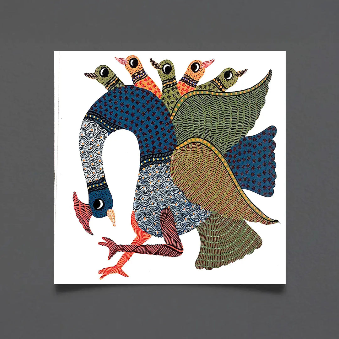 7 x 7 Inch | A Party Of Peacocks | Original Hand Painted Tribal Gond Art Painting | Acrylic Paints On Paper