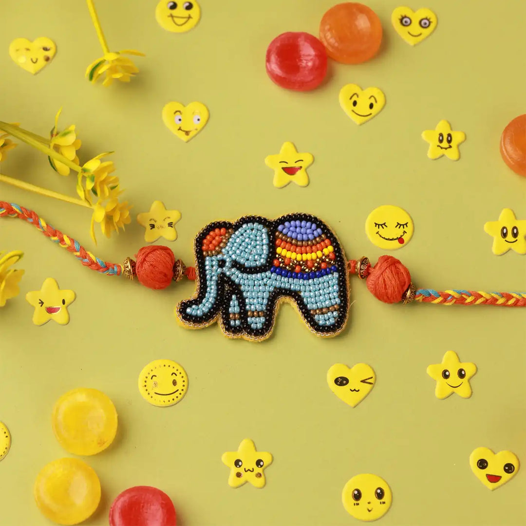 Handmade Beaded Elephant Kids Rakhi With Roli Chawal