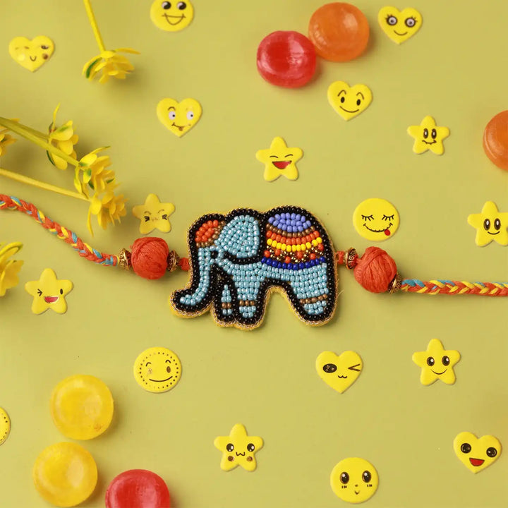 Handmade Beaded Elephant Kids Rakhi With Roli Chawal