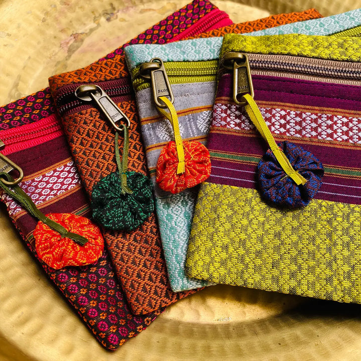 Assorted Cotton Khunn Purse With Floral Charm | Set Of 4