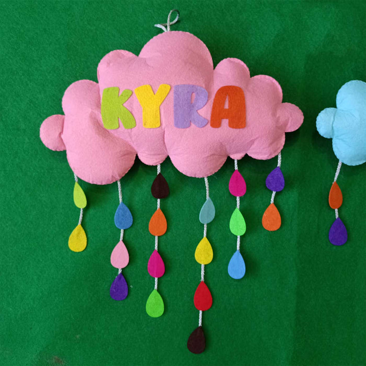 Personalized Handmade Cloud with Raindrops Felt Kids Name Plate