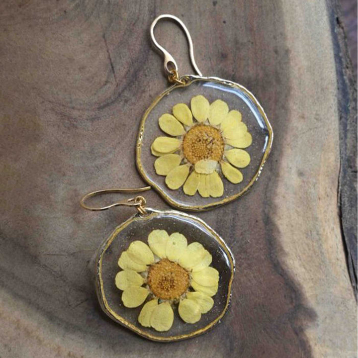Handmade Preserved Flower Yellow Daisy Brass Earrings