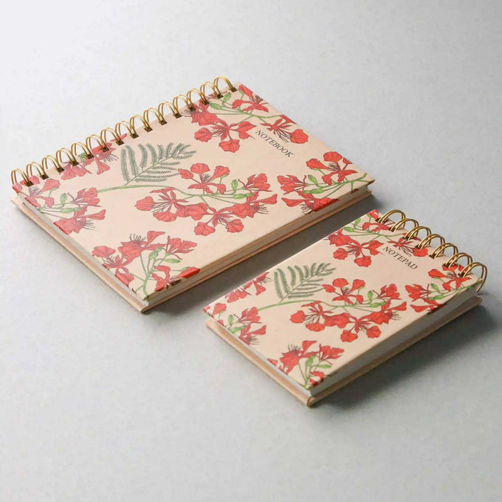 Handmade Gulmohar Red Spiral Notebook and Notepad Set | 80 Pages