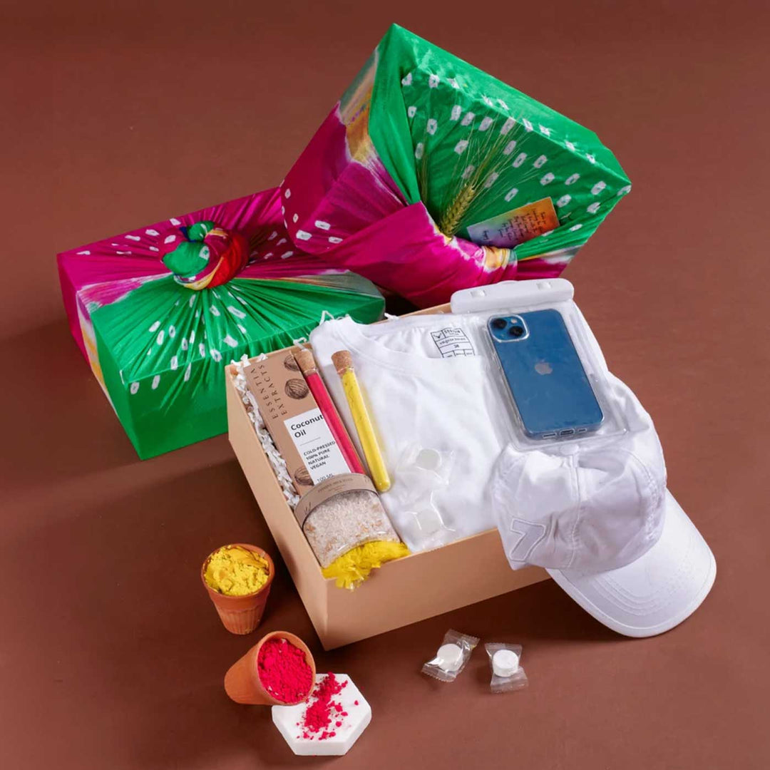 Holi Care Kit | Includes 1 White Cap, 1 White T-Shirt, 1 Bath Salt Jar, 1 Coconut Oil, 1 Waterproof Pouch, 2 Organic Colors in Test Tubes, 4 Face Masks, 1 Gift Box