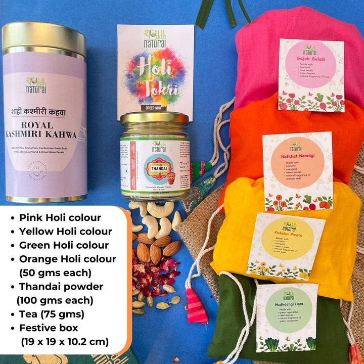 Ubtan Based Herbal Gulal | Ayurvedic Thandai Powder | Kashmiri Kahwa | Holi Gift Hamper | Set of 7