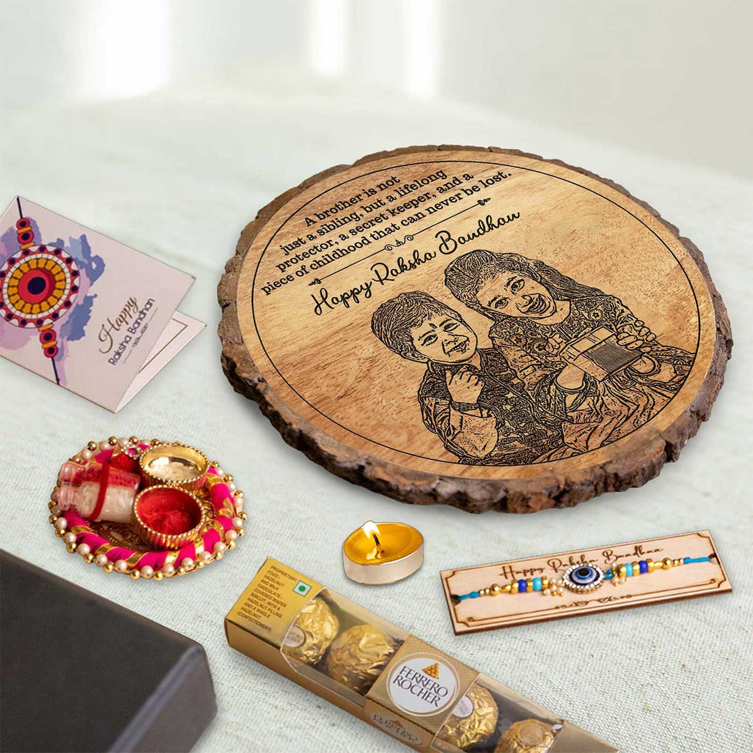Photo Personalized Engraved Cute Bro Sis Theme Wooden Decorative Plaque Rakhi Hamper Includes 1 Rakhi 1 Plaque 1 Chocolate 1 Card And 1 Rakhi Plate - Plaque and Accessories Laid Out