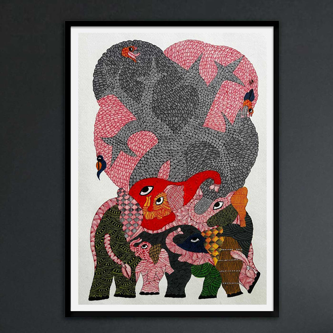 15 x 22 Inch | Elephants’ Canopy | Original Hand Painted Tribal Gond Art Painting | Acrylic Paints On Paper