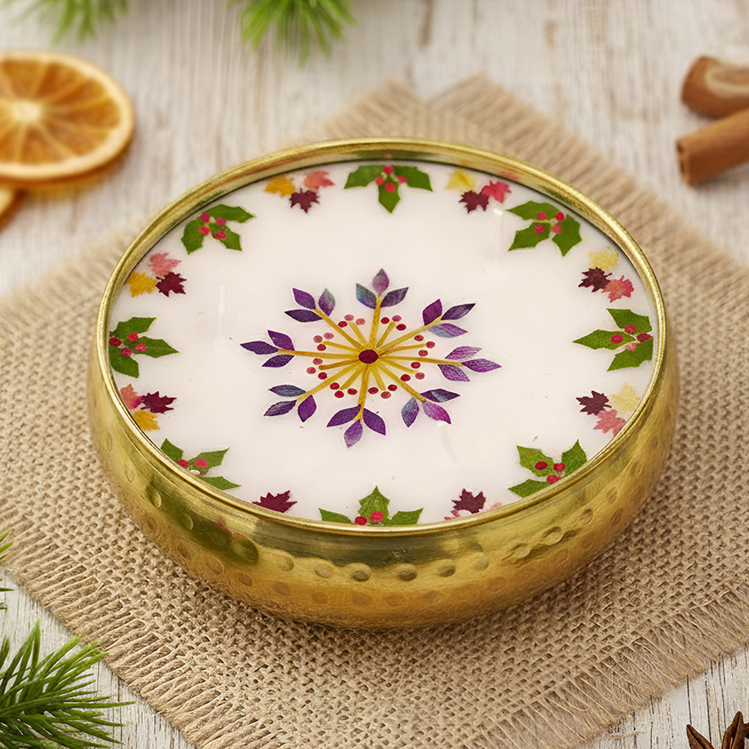 5 Inch | Handmade Pressed Flower Decorative Brass Candle | Packed in a Gift Box