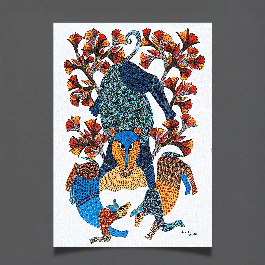11 x15 Inch | Lion & Deer | Original Hand Painted Tribal Gond Art Painting | Acrylic Paints On Paper