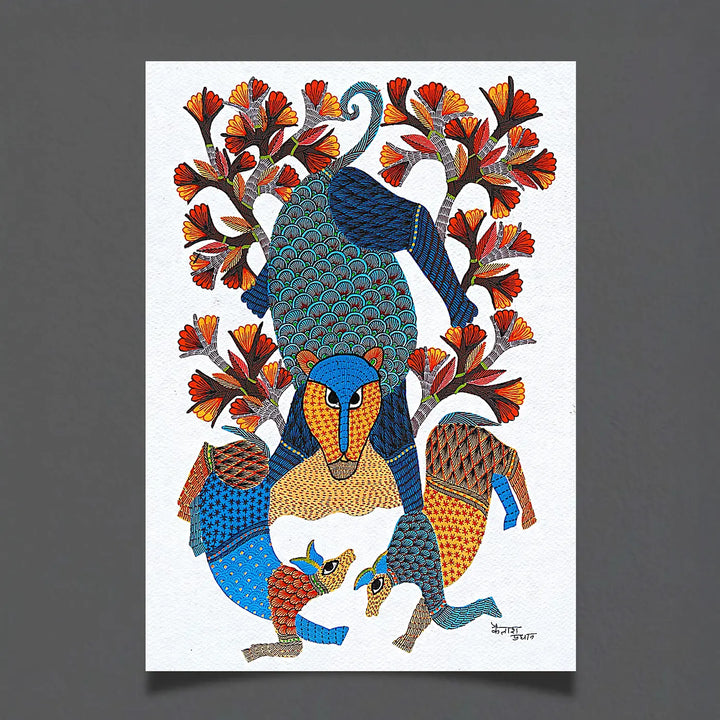 11 x15 Inch | Lion & Deer | Original Hand Painted Tribal Gond Art Painting | Acrylic Paints On Paper