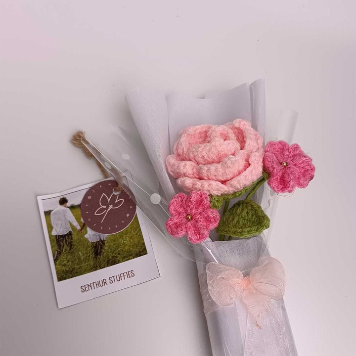 Handmade Crochet Light Pink Rose Mini Flower Bouquet | Includes Photo & Greeting Card