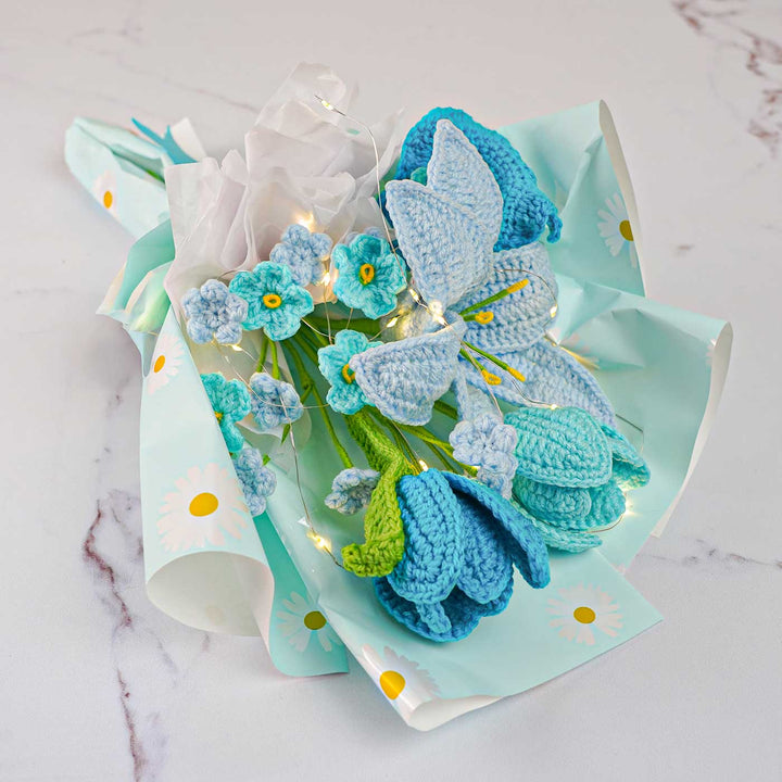 Handmade Crochet Blue Flower Bouquet With Lights