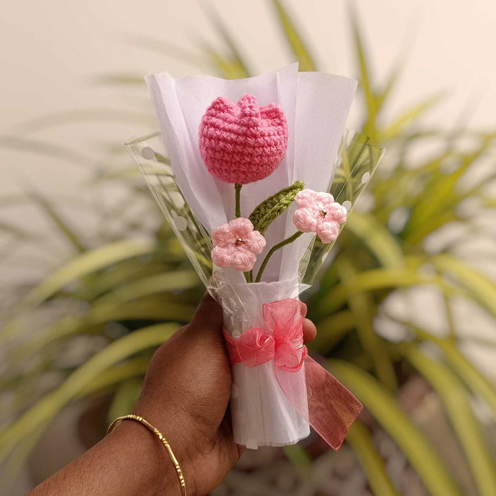 Handmade Crochet Pink Tulip Mini Flower Bouquet | Includes Photo & Greeting Card
