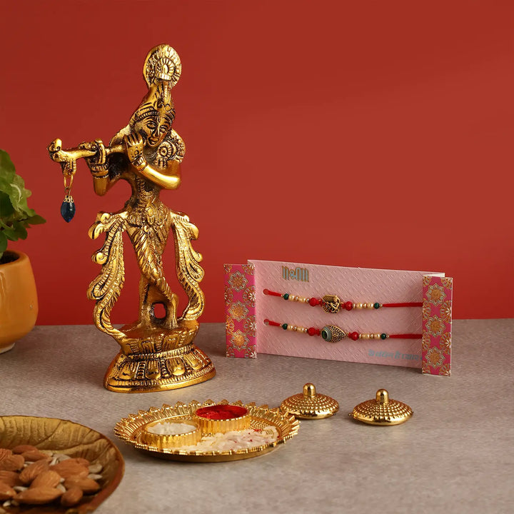 Handmade Krishna Rakhi Hamper | Includes 1 Krishna With Flute Idol, 2 Rakhis, 1 Roli Chawal
