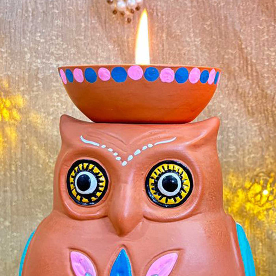 Hand-Painted Owl Design Terracotta Tealight Holder | Set Of 2