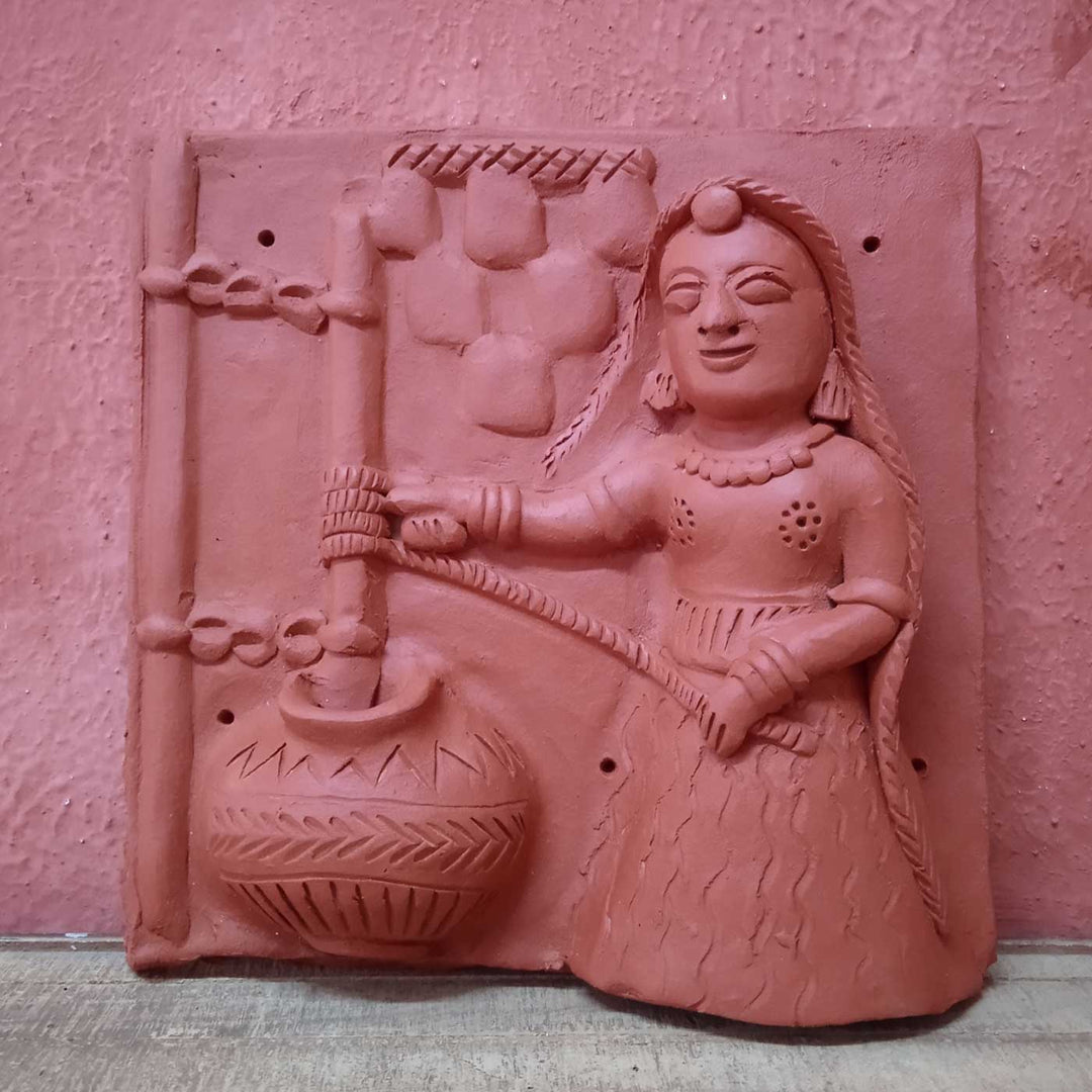 9 x 9 Inch | Women Churning Milk | 3D Handmade Terracotta Molela Mural Wall Art Tile