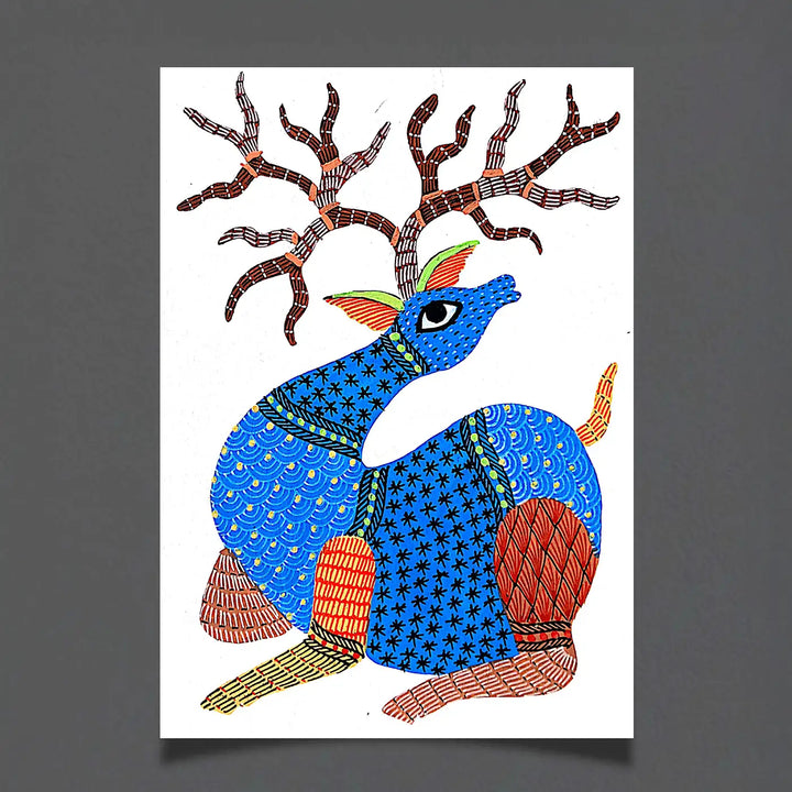 6 x 8 Inch | Blue Deer | Original Hand painted Tribal Gond Art Painting | Acrylic Paints On Paper