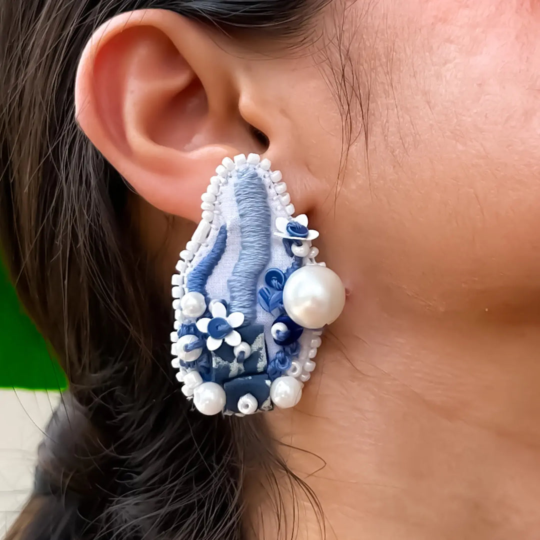 Hand Embroidered Beaded Blue Marine Inspiration Cotton Earrings