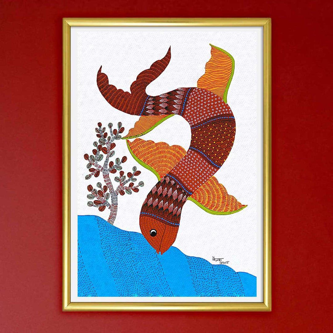 11 x 15 Inch | Fish Diving Into Water | Original Hand painted Tribal Gond Art Painting | Acrylic Paints On Paper