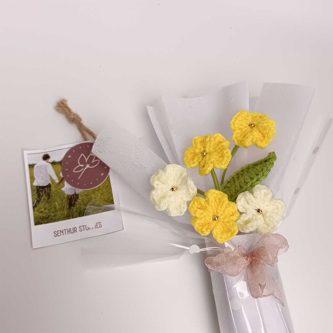 Handmade Crochet Yellow Blossom Mini Flower Bouquet | Includes Photo & Greeting Card