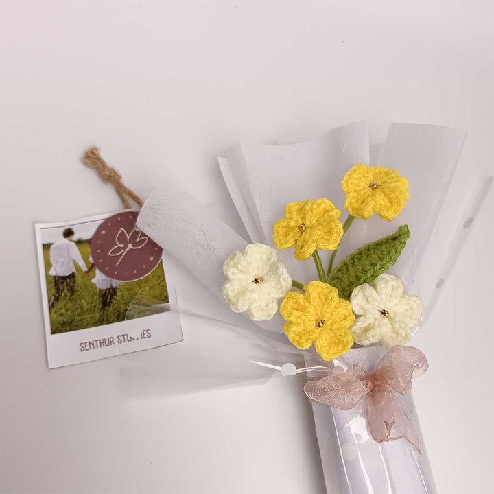 Handmade Crochet Yellow Blossom Mini Flower Bouquet | Includes Photo & Greeting Card