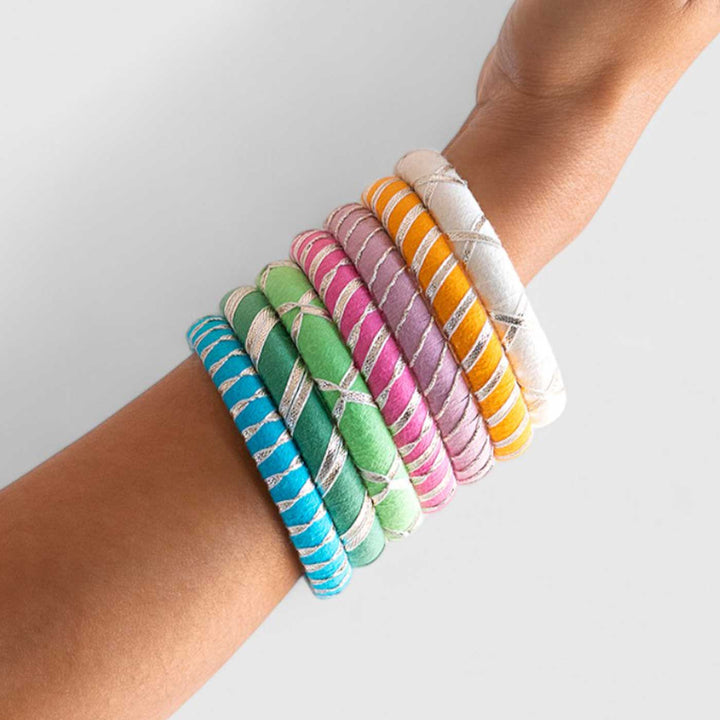 Pastel Handcrafted Silver Gotta Patti Bangles | Set of 7