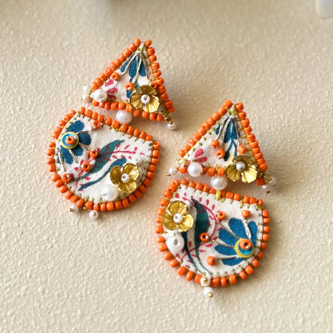 Hand Embroidered Madhubani Orange-Edged Floral Drop Cotton Earrings