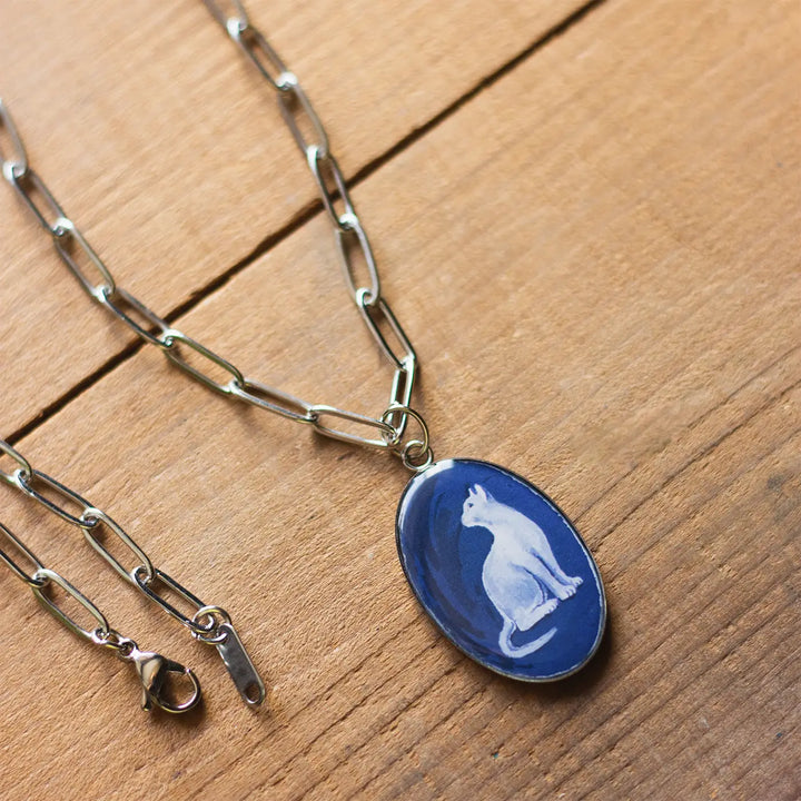 Illustrated Blue Cat Design Resin & Stainless Steel Necklace