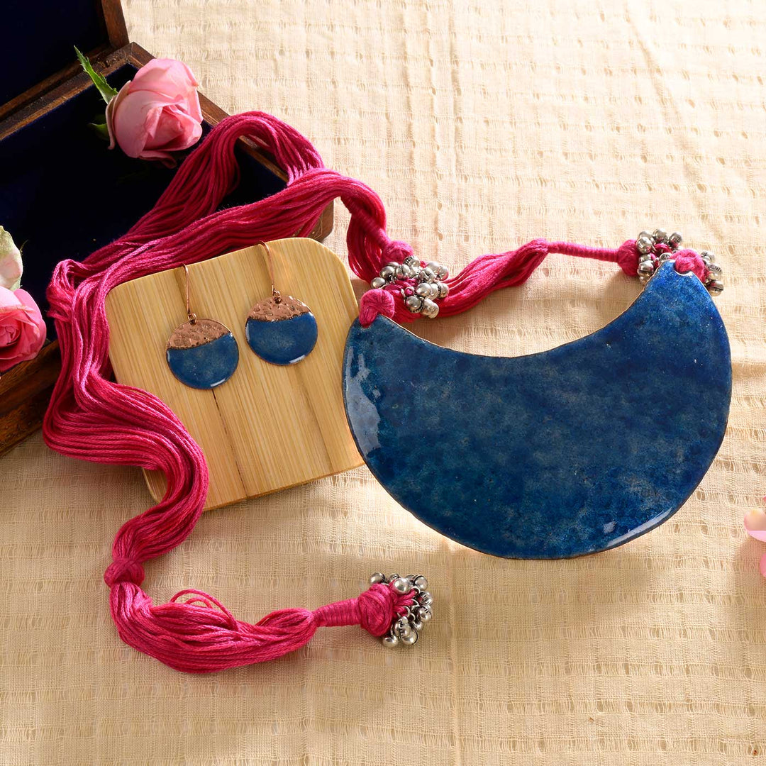 Handmade Full Moon Shaped Ghungroo Copper Enamel Pendant With Earrings