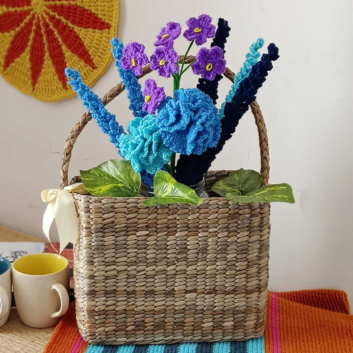 Handmade Crochet Serene Blue Theme Flower Bouquet WIth Lights