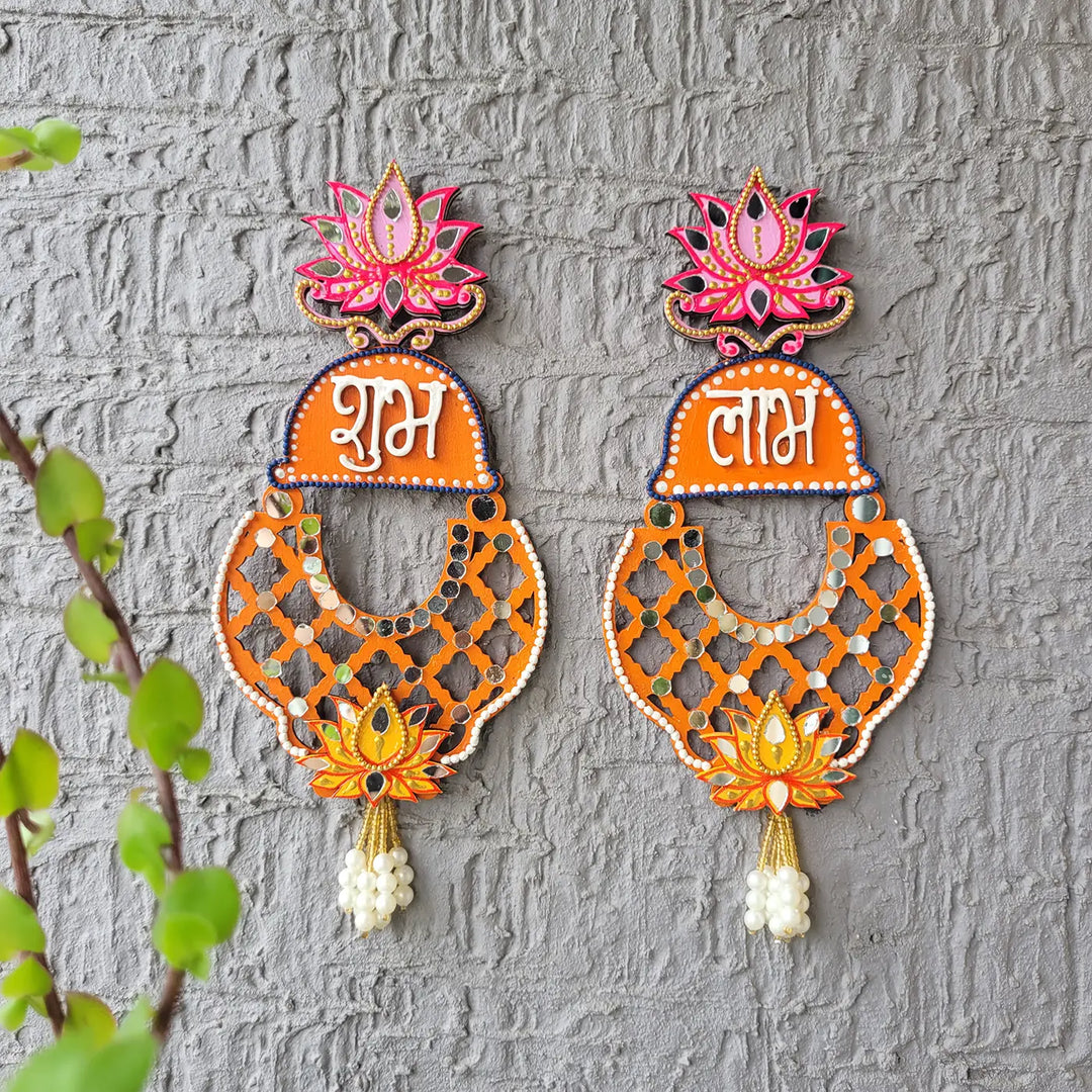 Hand-Painted Mirror Work Orange & Pink Lotus MDF Wood Shubh Labh Hangings | Set Of 2