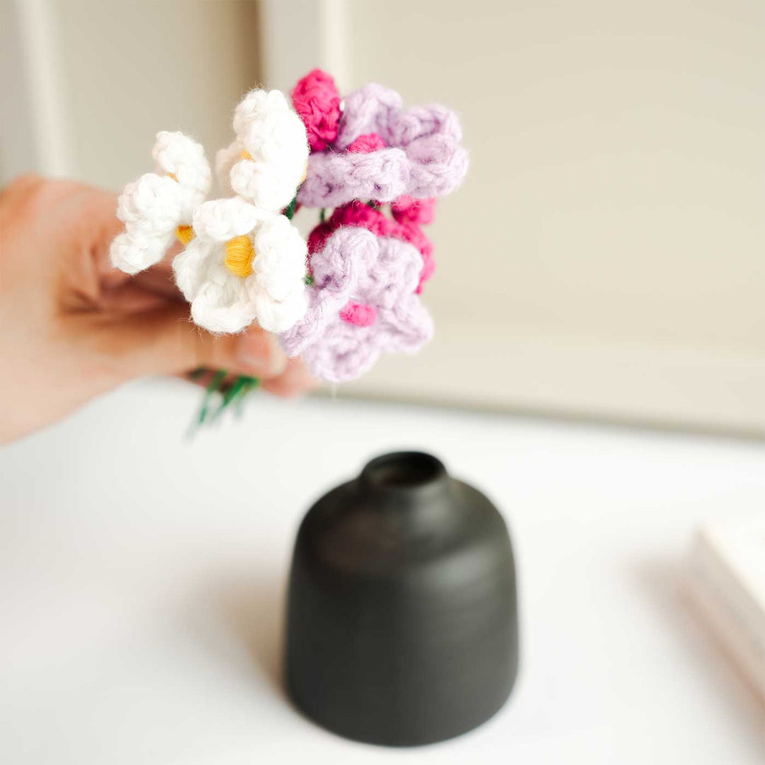 Handmade Crochet Mini Daisies With Black Bud Ceramic Vase