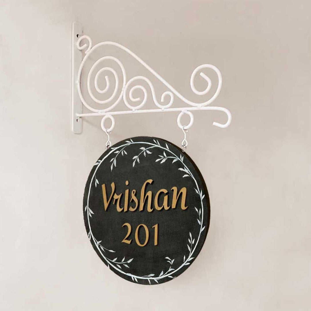 Personalized Hand Painted Grey Wood And Metal Name Plate - Hanging from Mounted Ornate Bracket