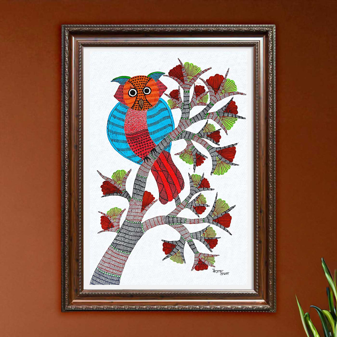 11 x 15 Inch | Owl on a Branch | Original Hand painted Tribal Gond Art Painting | Acrylic Paints On Paper