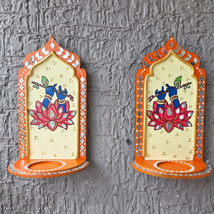 Hand-Painted Mirror Work Murli Manohar Jharokha Tealight Holder | Set Of 2